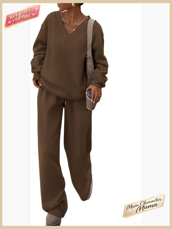 Pants - Oversized V-Neck Sweatsuit Set Loose Wide Leg Pants Knit Casual Lounge Wear